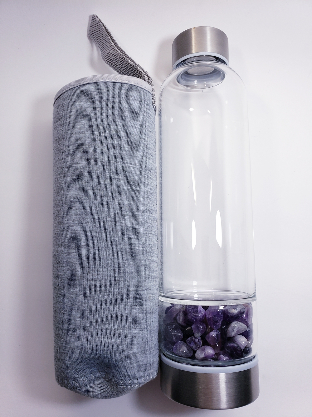 Navaris Amethyst Gemstone Infuser Glass Water Bottle with Grey Sleeve